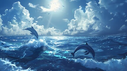 Beautiful scene of dolphins jumping out of the ocean under a bright blue sky with fluffy white clouds