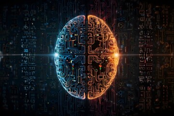 Fototapeta premium A digital brain made of binary code and circuit patterns, symbolizing the intelligence and processing power of AI