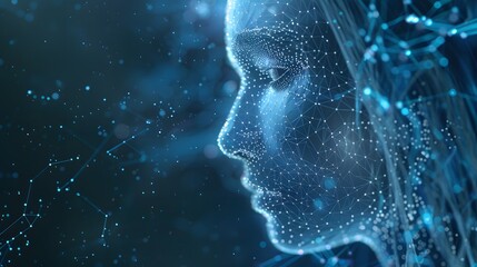 Digital profile of a futuristic human face composed of data points and networks, symbolizing artificial intelligence and technology advancements.