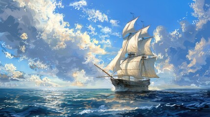 A sailing ship as it peacefully cuts through the foam of the sea, generative AI