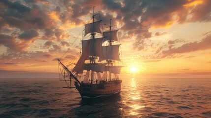 A sailing ship as it peacefully cuts through the foam of the sea, generative AI