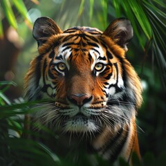 Fototapeta premium Close-up of a majestic tiger in its natural habitat, surrounded by lush greenery, showcasing its striking fur and piercing eyes.