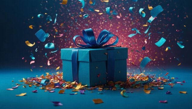 There is a blue gift box with a satin bow on a blue background. Multi-colored confetti is falling from above