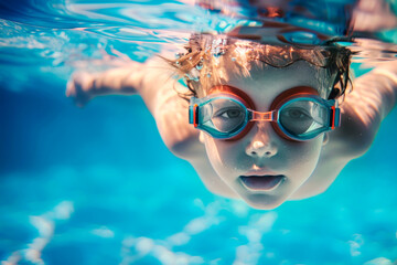 Little boy in a swimsuit swims underwater in the pool. Summer concept