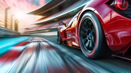 Red sports car racing at high speed on a track, viewed from a low angle, emphasizing speed and motion with blurred background.