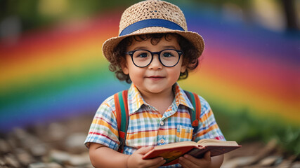Fototapeta premium A Baby holding a book and smiling in a warm, sunny outdoor setting. Educational Concept.