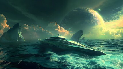 Futuristic yacht on an alien ocean with dramatic sky and distant planet, ideal for sci-fi themes and fantasy art.