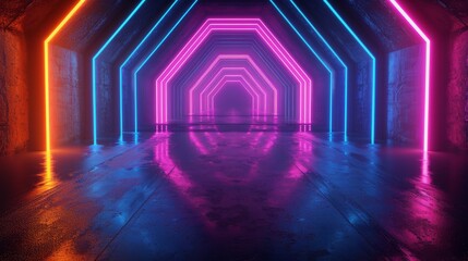Fototapeta premium Neon Light Tunnel With Pink, Orange, and Blue Lines