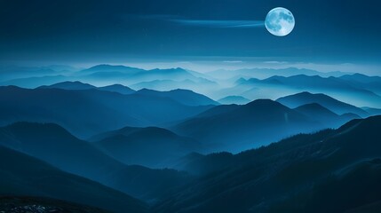 Serene night landscape with a full moon illuminating misty mountain ranges, creating a tranquil and majestic natural scenery.