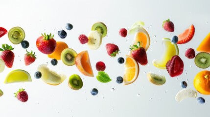 Food concept, fresh cut mixed fruits floating on white background.