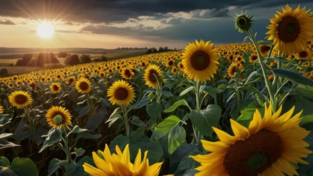A hill filled with sunflowers, the sun's rays start to shine in the morning.