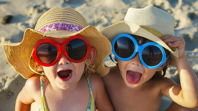 Two siblings making silly faces while wearing oversized sunglasses and hats at the beach.