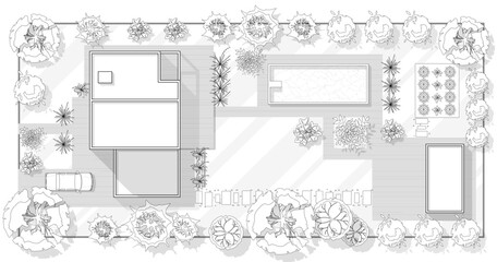 Landscape design plan with house, courtyard, lawn and garage top view. Highly detailed blueprint plan of a country Top view of a house. Vector illustration of Cityscape or Map of town, village © Volha