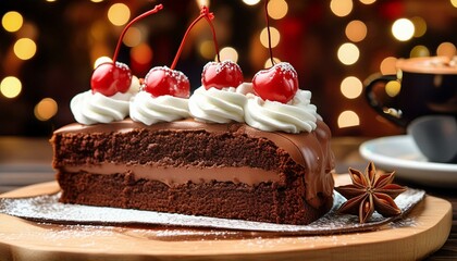 A delicious piece of chocolate cake with whipped cream and cherries