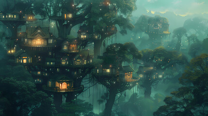 Fototapeta premium tree house, anime manga illustration, cover wallpaper