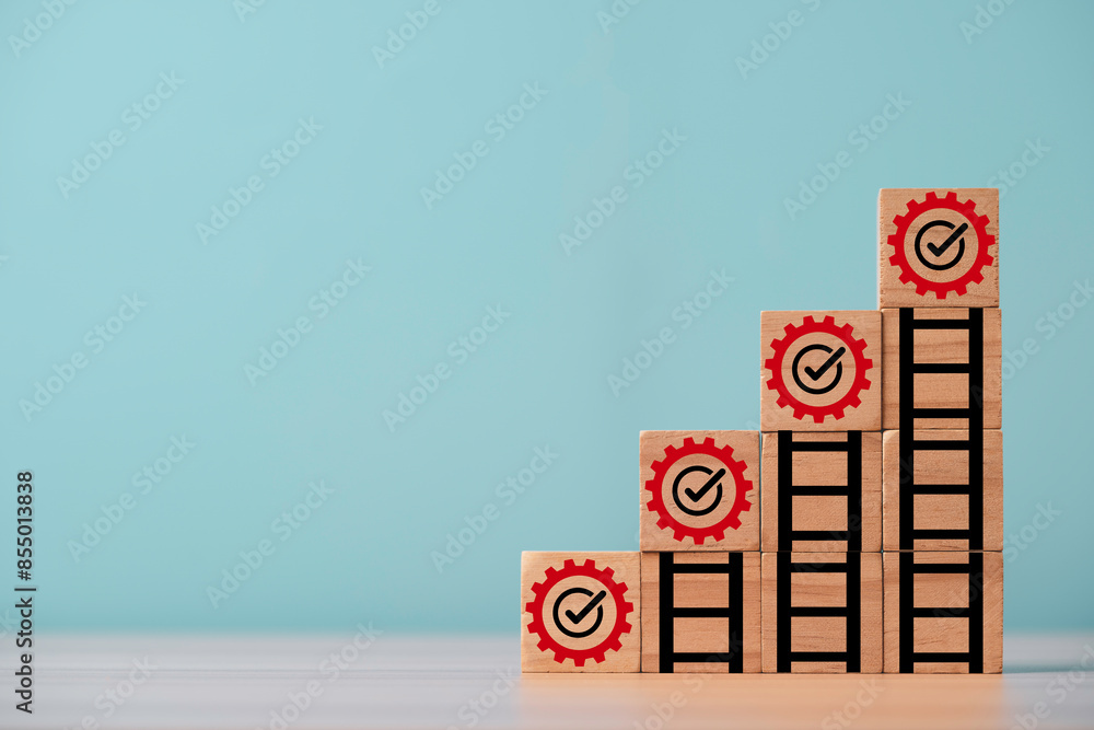 Poster mechanical gear and increasing graph on the top of ladder step for continuous productivity improveme