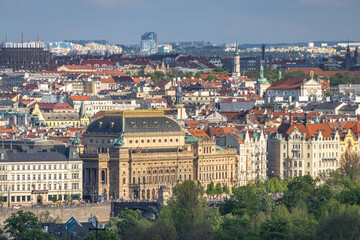 Cityscape view of Prague town with National Theatre building, Czech Republic, Europe.