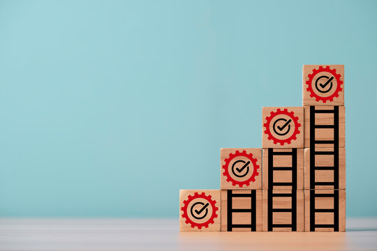 mechanical gear and increasing graph on the top of ladder step for continuous productivity improvement to get business profit growth and achievement objective  target concept.