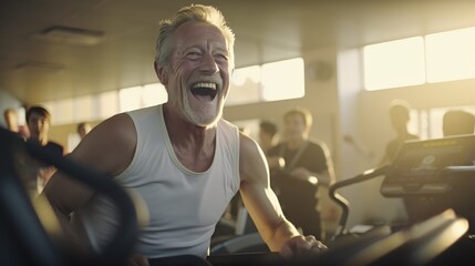 Grandfather focused on cardio machine training, determined to achieve fitness goal in the gym