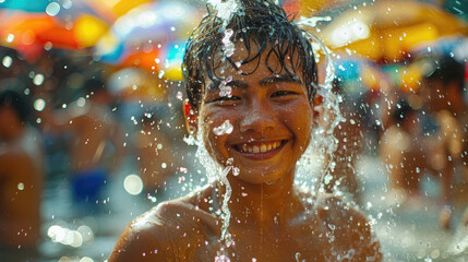 Obraz premium A young boy laughs as he gets splashed with water on a hot summer day. The water droplets create a blur of motion and a sense of fun.