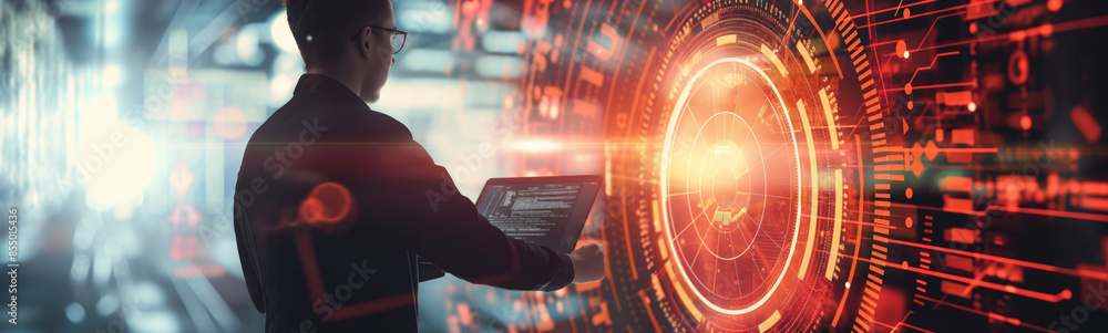 Poster futuristic businessman interacting with high ech digital interface in virtual reality environment.