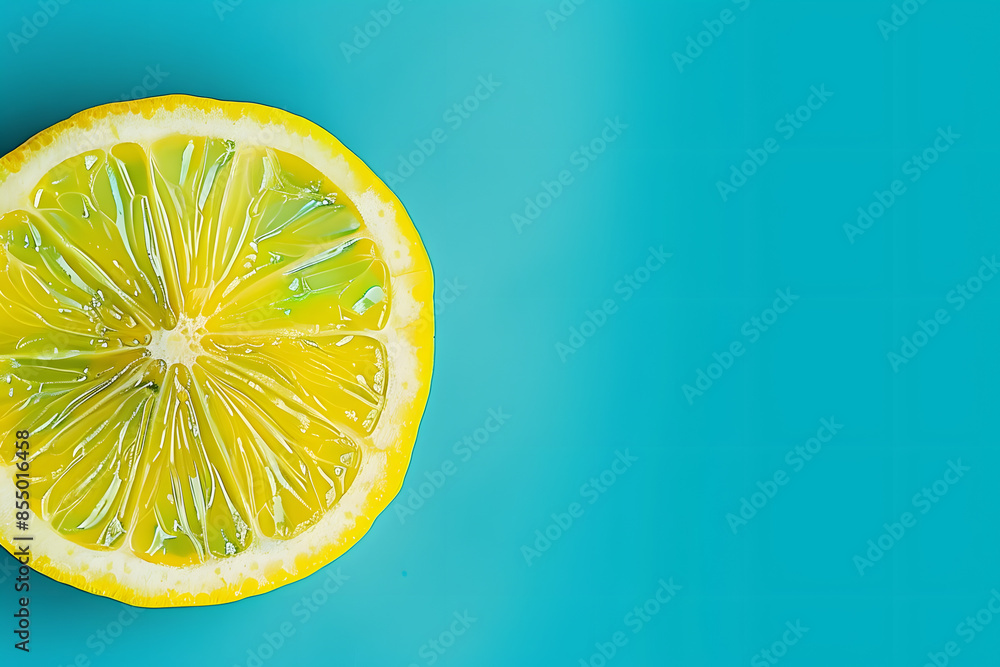 Aufkleber flat lay picture of macro fresh slice of lemon on cyan background