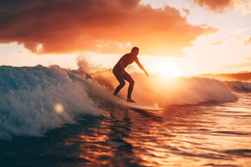 Exhilarating sunset surfing adventure with a silhouetted surfer riding vibrant waves in the tranquil ocean during the golden hour