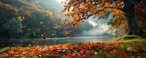 Serene autumn scene with colorful falling leaves by the lake, golden foliage, tranquil water, and sunlit background.