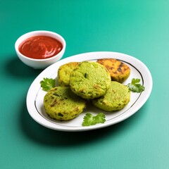 Indian vegetarian snack dish hara bhara kabab or kebab served chutney on cyan colour background