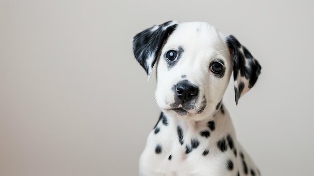 Dalmatian puppy with black and white spots, studio shot, adorable and curious expression