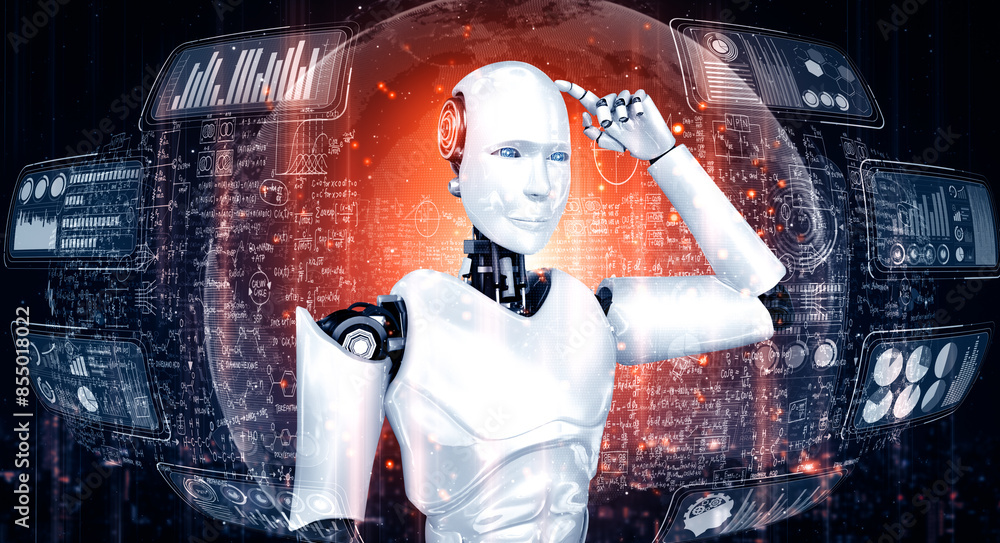 Aufkleber mlp 3d illustration thinking ai humanoid robot analyzing screen of mathematics formula and science e