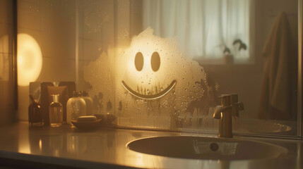 Foggy bathroom mirror with smiley face drawn on it, warm light. Creativity and positivity concept