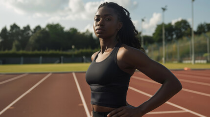 Athletic woman standing on a running track outdoors, strong and confident pose in daylight, fitness and training concept - Powered by Adobe