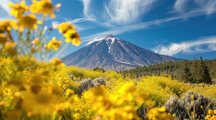 Scenic Sight of Teide Mountain Framed by Yellow Flowers