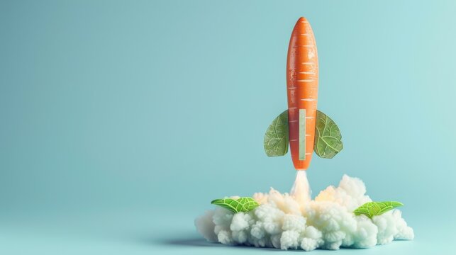 Carrot rocket launching among clouds and lettuce leaves, whimsical food concept