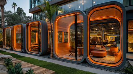 A futuristic tech company office features interactive digital walls and modular workstations, with virtual reality pods and soundproof pods for brainstorming sessions