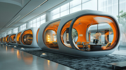 A futuristic tech company office features interactive digital walls and modular workstations, with virtual reality pods and soundproof pods for brainstorming sessions