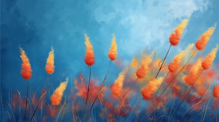 Obraz premium Abstract nature art illustration of beautiful colorful orange and yellow grass flowers on a blue background.