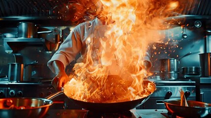 Dramatic wok cooking performance with flames and sizzling food. Captivating street food market scene