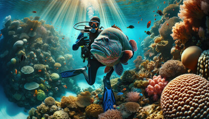 Fototapeta premium Scuba diver exploring coral reef with large fish underwater
