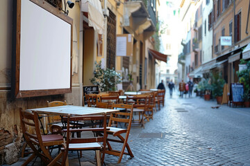 Obraz premium Quaint European Street with Outdoor Cafes and Empty Chairs, Narrow Alleyway Lined with Old Architecture, Blank Billboard, Quiet Atmosphere with Distant Figures, Perfect for Urban Exploration