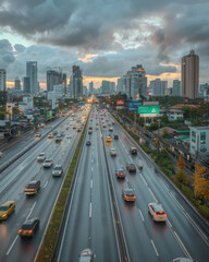 Fototapeta premium A Busy Urban Highway with Heavy Traffic During a Cloudy Sunset in a Modern Metropolitan City