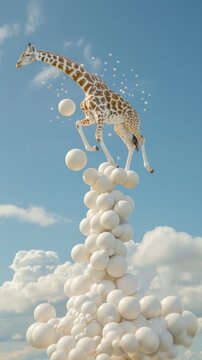 Surreal image of a giraffe floating on white balloons against a blue sky