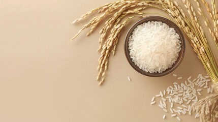 Bowl of white rice with rice stalks on beige background, natural food concept