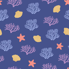 Seamless pattern with hand drawn seashell and corals on blue background. Template for print, fabric, greeting card and invitation. 