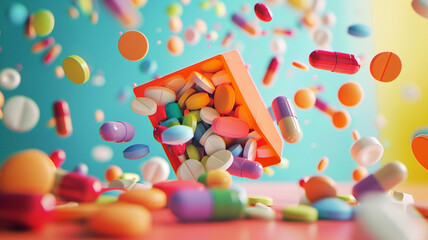 Colorful pills spilling from a container