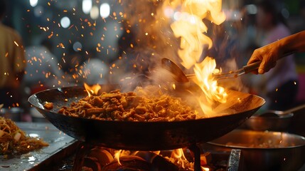 Dramatic wok cooking performance with flames and sizzling food. Captivating street food market scene