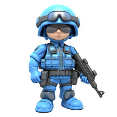 An illustration of a soldier in blue holding a firearm