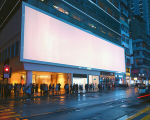 Urban Night Scene with Blank Billboard and Busy Street in Downtown Area, City Lights Reflecting on Wet Pavement, People Shopping and Walking by, Commercial Advertising Space, Rainy Evening