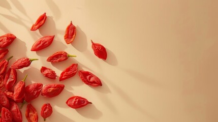 Dried goji berries on beige background with shadows, minimalistic food concept